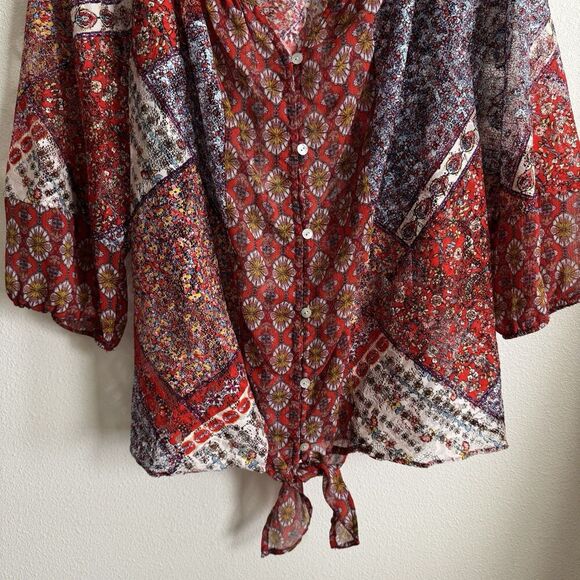 Fig and Flower Top Womens 3X Plus Floral Sheer Button Up Tunic Boho Tropical - Picture 3 of 16